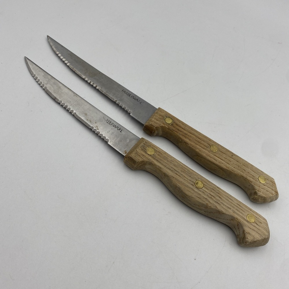 Set of 2 Steak Knives FARBERWARE Stainless Steel Riveted Wood Handled
